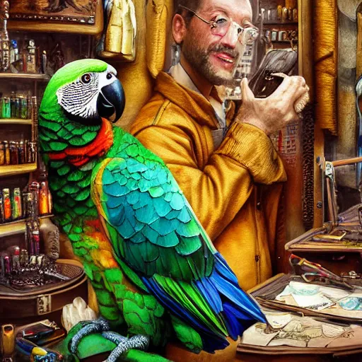 Prompt: A Anthropomorphized parrot trader in his shop, selling his wares, portrait, items, gold, carpet, window, sly expression, cunning expression, D&D, fantasy, intricate, cinematic lighting, highly detailed, digital painting, artstation, concept art, smooth, sharp focus, illustration, magic the gathering artwork, art by Akihiko Yoshida, Greg Rutkowski