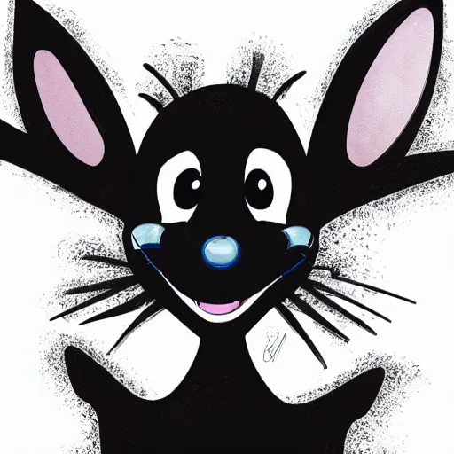 Image similar to A extremely highly detailed majestic hi-res beautiful, highly detailed head and shoulders portrait of a scary terrifying, horrifying, creepy black cartoon rabbit with scary big eyes, earing a shirt laughing, hey buddy, let's be friends, in the art style of Walt Disney