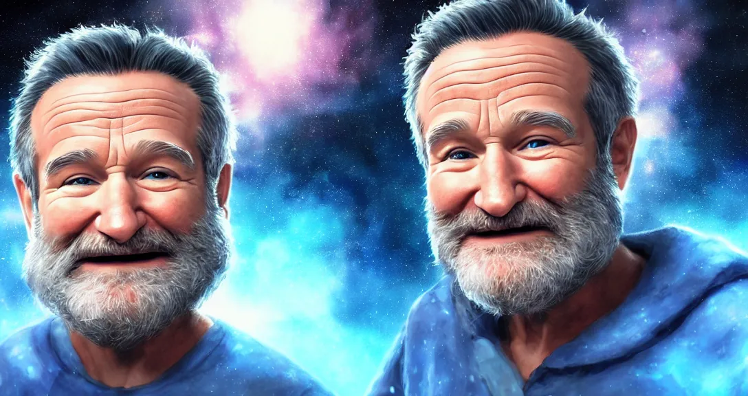 Image similar to robin williams, white beard, space clouds, milkyway, blue eyes, smiling, single subject, intricate, detailed, volumetric lighting, scenery, digital painting, highly detailed, artstation, sharp focus