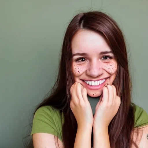 Image similar to Selfie photograph of a cute young woman smiling, long shiny bronze brown hair, full round face, emerald green eyes, medium skin tone, light cute freckles, smiling softly, wearing casual clothing, relaxing on a modern couch, interior lighting, cozy living room background, close-up shot, professional photography