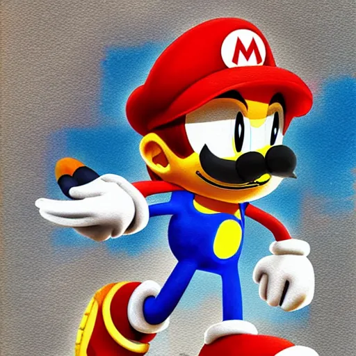 Image similar to Sonic in the style of Mario, with a mustache, beautiful watercolor art drawing, in the style of artist Simon Stalenhag s-90 - C 7