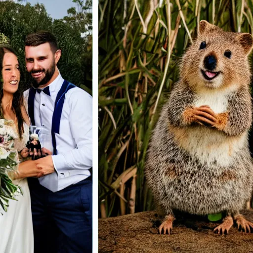 Prompt: a happy quokka photobombing a wedding photo, award-winning photograph