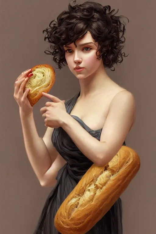 Image similar to beautiful cottagecore of a girl with short black curly hair, round face, cute face, holding a loaf of bread. intricate, elegant. highly detailed, digital painting, artstation, concept art, smooth, sharp, focus, illustration. . art by artgerm and greg rutkowski and alphonse mucha