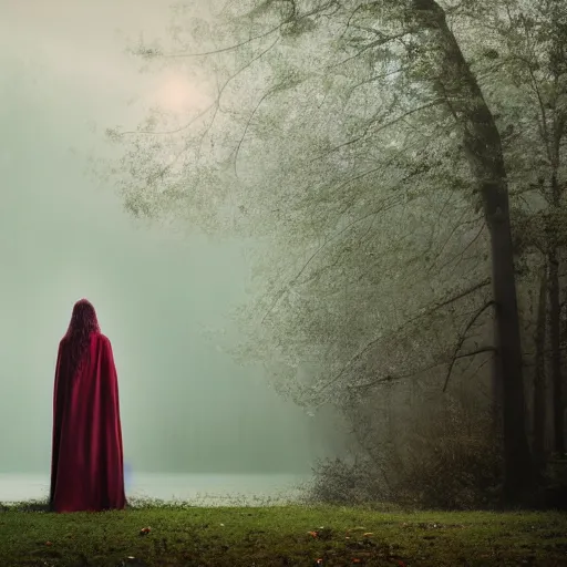 Prompt: beautiful lady with white long hair and dressed with a red victorian cloak, seen from behind, standing in a lake, mist, morning light, photorealistic