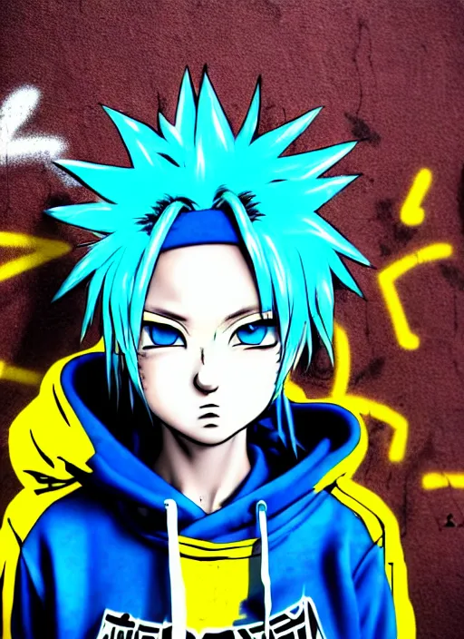 Image similar to highly detailed portrait of a city punk lady student, blue eyes, hoodie, white hair by akira toriyama, gradient yellow, black, brown and cyan blue color scheme, grunge aesthetic!!! ( ( graffiti tag wall background ) )