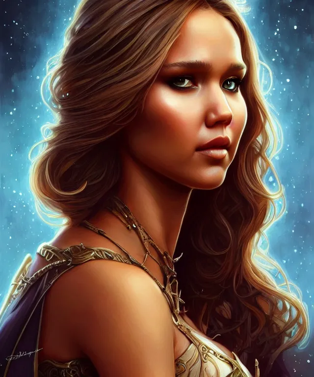 Image similar to half jessica Alba half Jennifer lawrence a fantasy magic woman portrait, sci-fi, amber eyes, face, long hair, fantasy, intricate, elegant, highly detailed, digital painting, artstation, concept art, smooth, sharp focus, illustration, art by artgerm and greg rutkowski and alphonse mucha