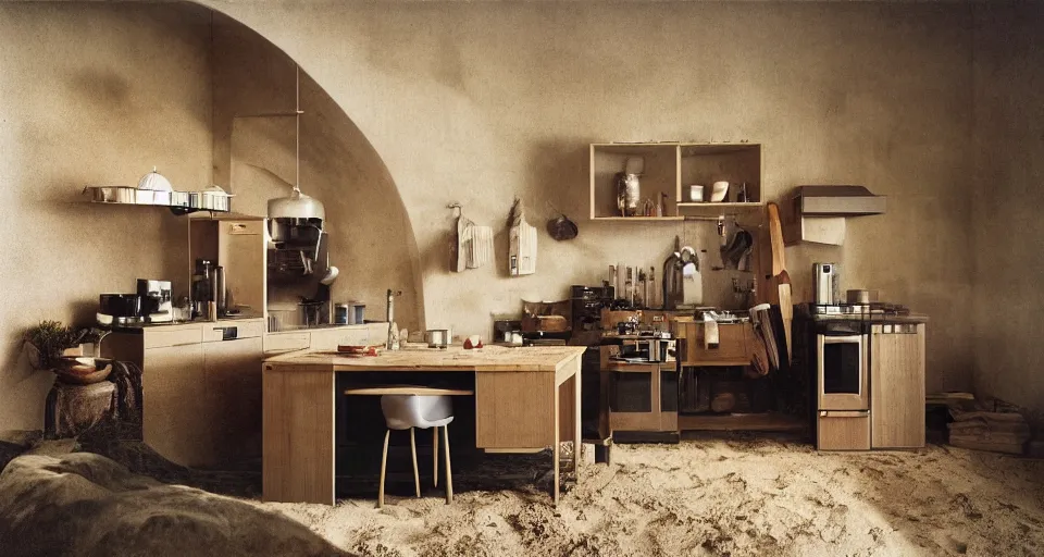 Image similar to IKEA catalogue photo, high end farm house style kitchen, sand dunes, coffee machine, by Beksiński