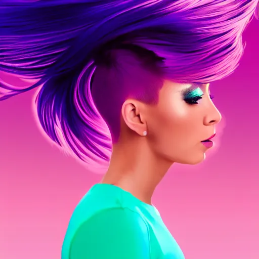 Prompt: a award winning half body portrait of a beautiful woman in a croptop with a ombre purple pink teal hairstyle with head in motion and hair flying, outrun, vaporware, vivid colors, highly detailed, fine detail, intricate