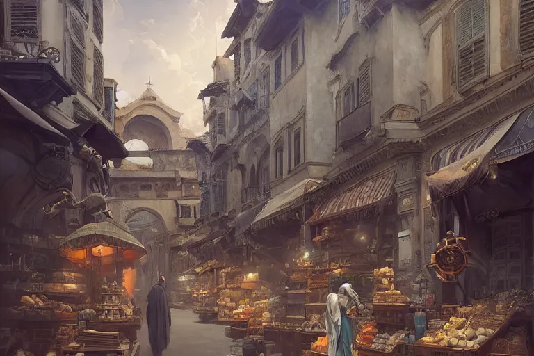 Image similar to a time traveller astronaut shopping at ancient renaissance florence street vendors, rule of thirds, serene, nvidia, by wlop, peter mohrbacher, james jean, jakub rebelka, visually stunning, beautiful, masterpiece