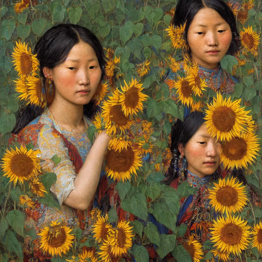 Prompt: a young tibetan woman wearing colourful face paint surrounded by bright intricate patterns of sunflowers and other plants, by edgar maxence and caravaggio and michael whelan, intricate painting, hyperrealistic, finely detailed and beautiful aesthetic face, 8 k resolution