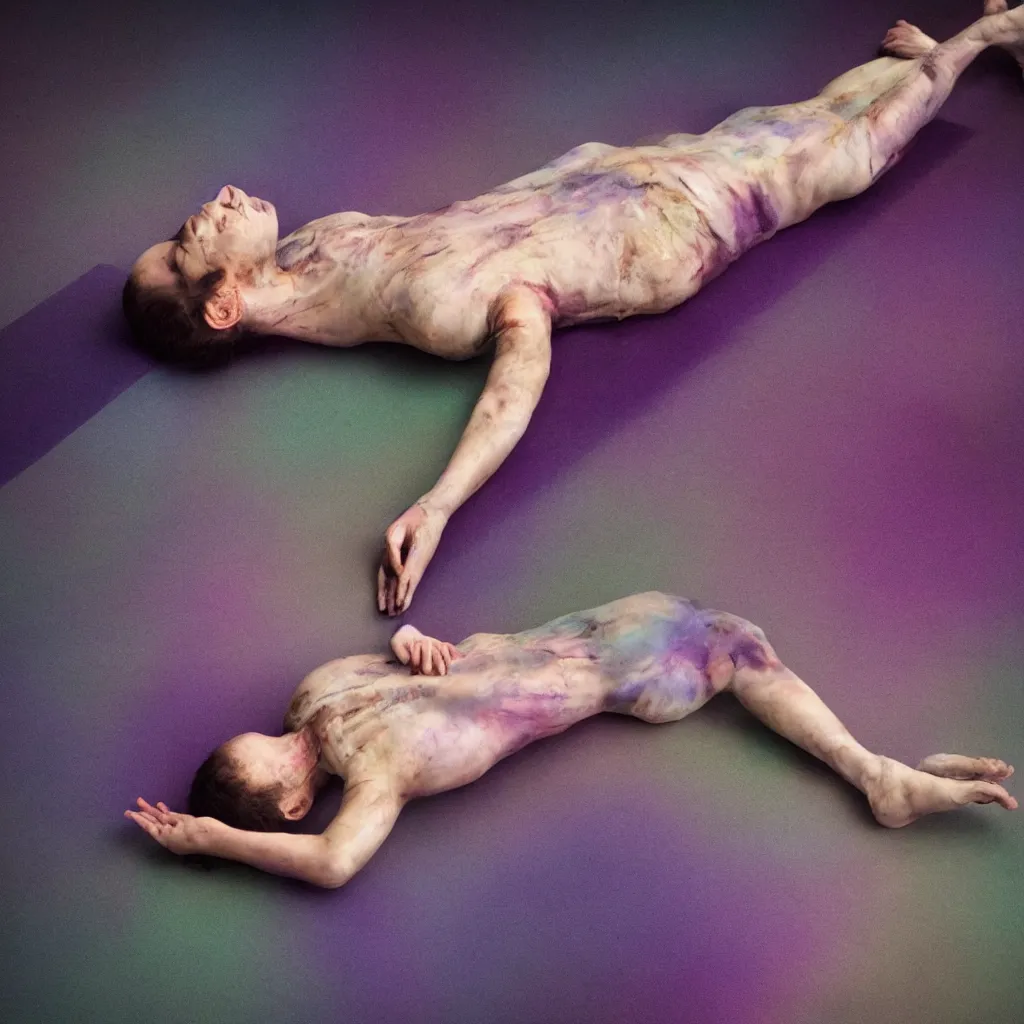 Image similar to cinestill of iridiscent oil with corpses connected by mess of ethernet cables and tubes to wax technical forms to a buried baby relaxing on yoga mat, faded, iridiscent gradient, purple fog, depth of field, blur, very detailed, by nadav kander and hans bellmer, 8 k, ultrarealistic, sad atmosphere, cinematic, 8 5 mm lens