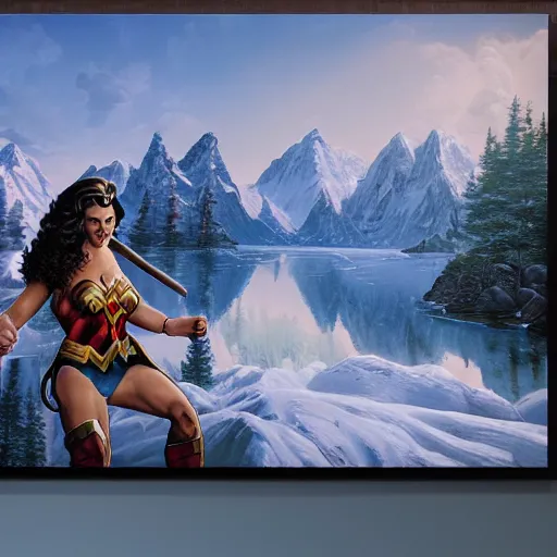 Image similar to a closeup photorealistic photograph of bob ross working on a canvas painting of wonder woman. film still. brightly lit scene. mountains and trees. this 4 k hd image is trending on artstation, featured on behance, well - rendered, extra crisp, features intricate detail, epic composition and the style of unreal engine.