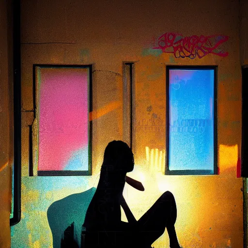 Image similar to A street art of a beautiful young woman seated at a window, looking out at the viewer with a serene expression on her face. The light from the window illuminates her features & creates a warm, inviting atmosphere. The essence of beauty and tranquility. flash photography, graffiti by Kilian Eng neat, melancholic