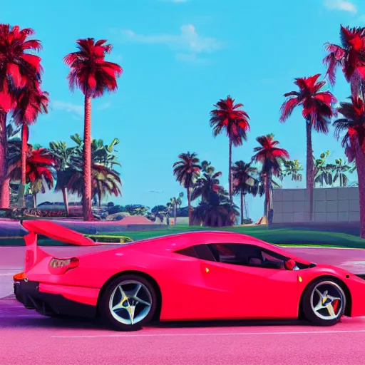 Image similar to a 3D render depicting Outrun videogame. Car. Red Ferrari. Palm trees. Horizon. Unreal Engine. Octane Render. Vray. Arnold Render. Car Shader. 80s Videogame.