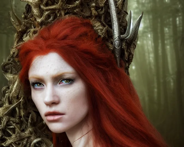 Image similar to 5 5 mm portrait photo of an armored redhead woman warrior, and horns growing from her head, in a magical forest. by luis royo. highly detailed 8 k. intricate. lifelike. soft light. nikon d 8 5 0. cinematic post - processing