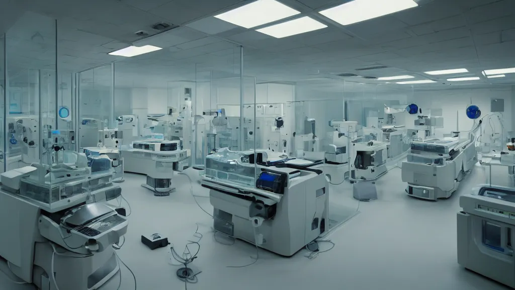 Prompt: an mri image machine and control panels in the glass laboratory room, film still from the movie directed by denis villeneuve with art direction by salvador dali, wide lens