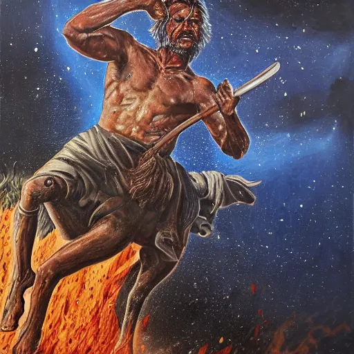 Image similar to portrait of head and body, single bangla farmer fighting on hoseback, hand to hand combat with machete, wielding machete, full body view, long flowing hair, fighting for his life, nebula aura surrounding subject, horseback combat attacker foreground, background of invading army, nestor canavarro hyperrealist art style, sharp outlines