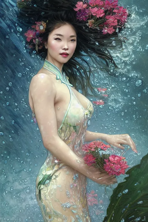 Image similar to portrait of a beautiful woman wearing a cheongsam dress, holding a bouquet of flowing flowers, drenched body, wet dripping hair, emerging from the water, fantasy, regal, fractal crystal, fractal gems, by stanley artgerm lau, greg rutkowski, thomas kindkade, alphonse mucha, loish, norman rockwell