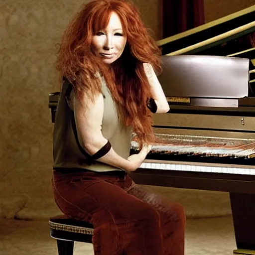 Prompt: tori amos stands atop a grand piano showing off her amazing yo yo tricks, beautiful photo