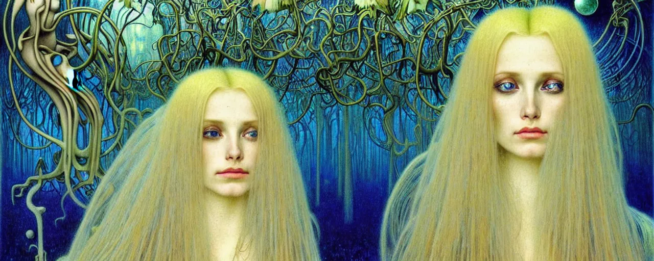 Image similar to realistic detailed portrait painting of a beautiful ghost woman with blond hair with an alien, futuristic sci-fi forest on background by Jean Delville, Amano, Yves Tanguy, Alphonse Mucha, Ernst Haeckel, Edward Robert Hughes, Roger Dean, rich moody colours, blue eyes