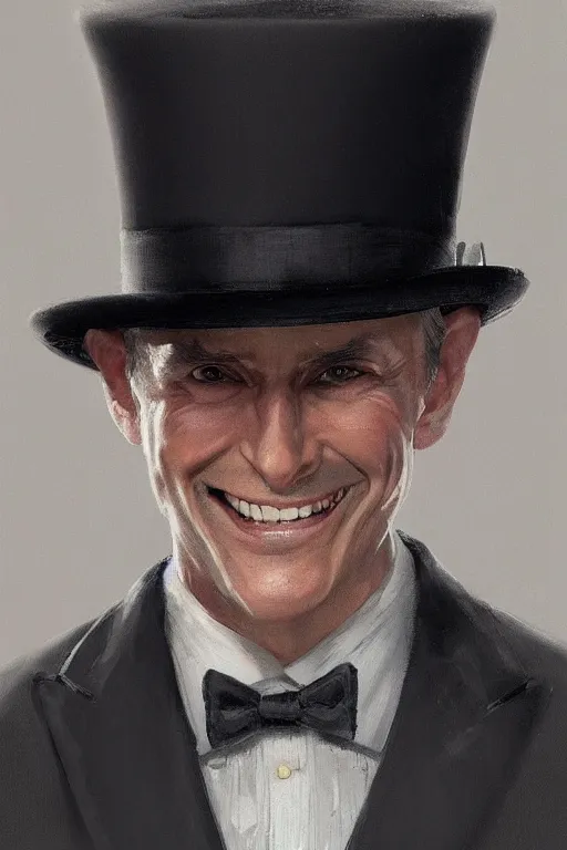 Image similar to a grey hair man with stubble top hat and suit smile by Greg Rutkowski, painting, portrait, high details, trending on artstation