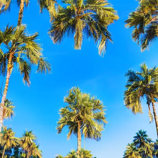 Image similar to surreal palm trees floating in blue sky, random positions floating, flying