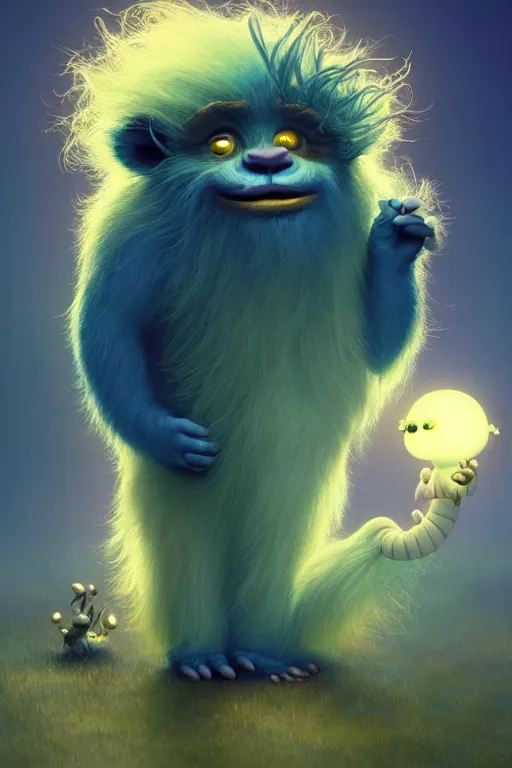 Prompt: a surreal Bioluminescent, very very very cute Hairy Troll in a happy world by Daniel Merriam, Trending on Artstation, oil on Canvas by Elena Zhurikhina and Goro Fujita and Charlie Bowater, octane render, 4k, 8k, HD