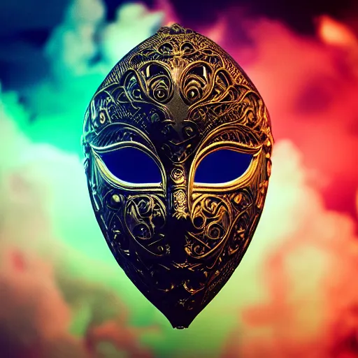 Image similar to an elaborate intricate mask in a tornado, rendered in octane, behance hd, bokeh backdrop