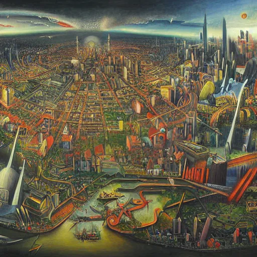 Image similar to a fantastic complex detailed painting of a chaotic city by Heironymous Bosch