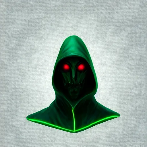 Image similar to award - winning. trending on artstation. 4 k. eerie tone. a shadowy figure wearing a green hooded cape with many blue glowing eyes on its face and an open maw on its chest.