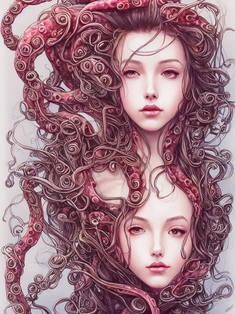 Image similar to bemused to be enveloped in slimey tentacles Aerith Gainsborough  portrait looking straight on, complex artistic color ink pen sketch illustration, full detail, gentle shadowing, fully immersive reflections and particle effects, concept art by Artgerm