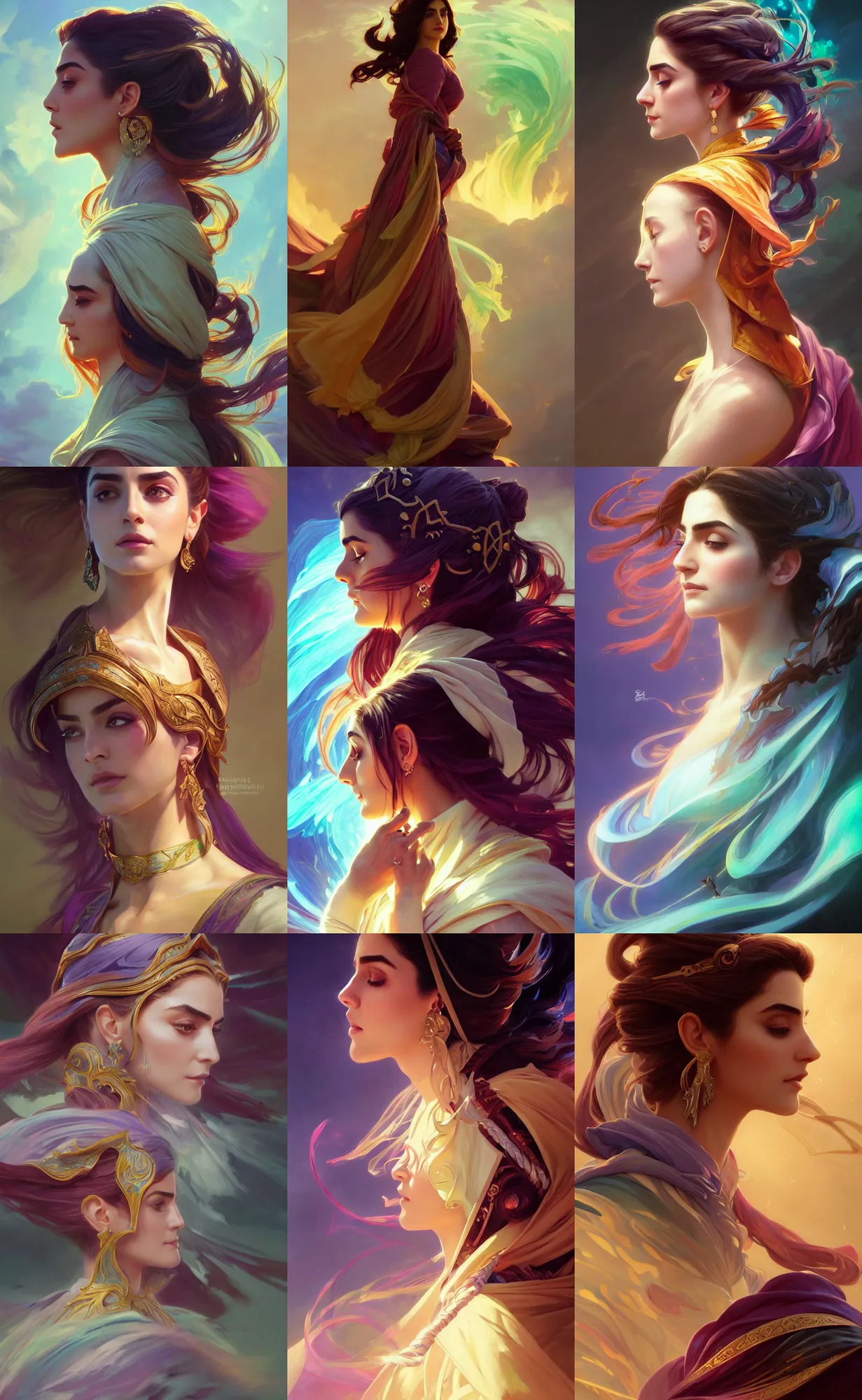 Prompt: side profile, maya ali, wind sorcerer, dota 2, robes, elegant, highly detailed, concept art, smooth, sharp focus, luminescent, colorful swirly magic ripples, pastel colors, artstation, spiritual art, art by artgerm and greg rutkowski and alphonse mucha, psychedelic