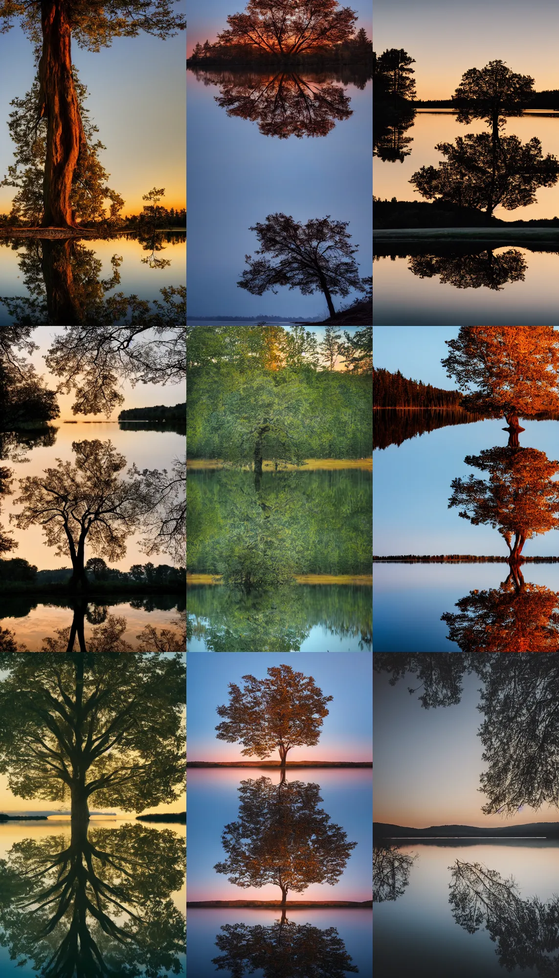 Prompt: a giant tree reflecting inside a lake at dusk light