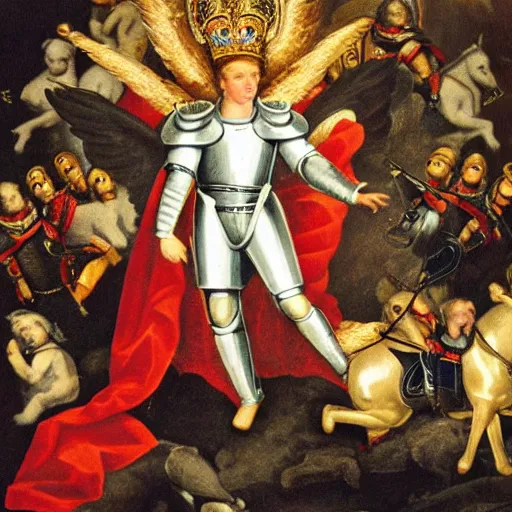 Image similar to prince william wearing knight's armor with heavenly angels surrounding him