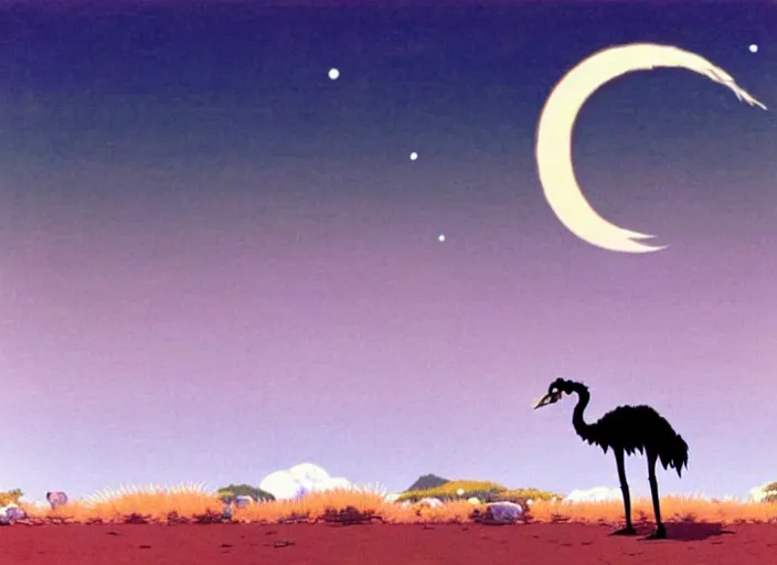 Image similar to a still from a studio ghibli movie of an ostrich from princess mononoke ( 1 9 9 7 ), on a desert road, in front of a pale full moon, full body, wide shot, very dull muted colors, studio ghibli, highly detailed, deviantart, art by artgem