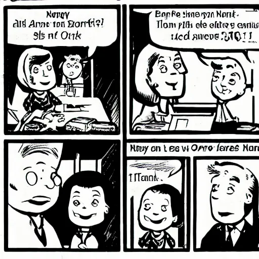 Prompt: nancy talks to the bank manager, illustrated by ernie bushmiller