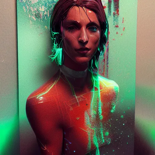 Image similar to improbability, octane render, portrait made of paint, splashes of colors, comic book art, highly detailed