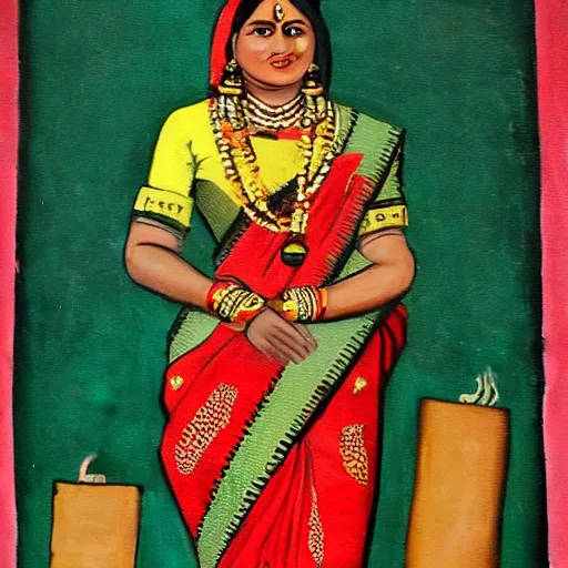 Image similar to realistic painting of a women from maharashtra in saree from 2 0 th century making chapati