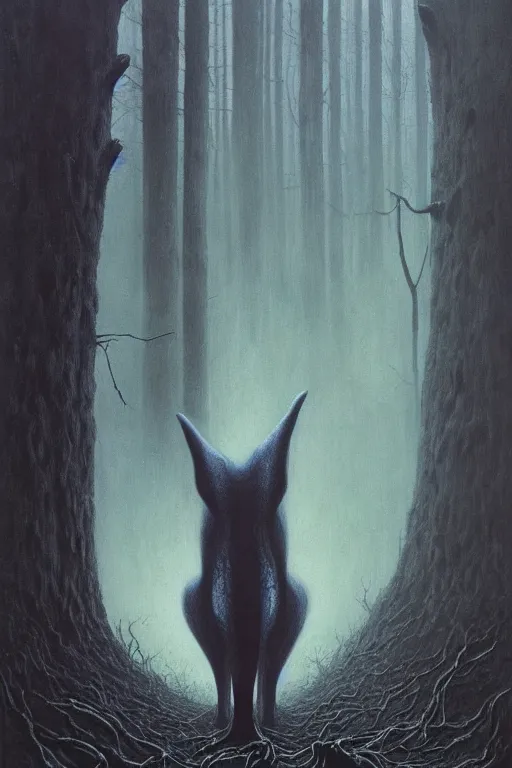 Image similar to painting of eldritch otherworldly giant fox striking a terrifying pose, scene inside forest, by zdzislaw beksinski, by dariusz zawadzki, by wayne barlowe, gothic, surrealism, cosmic horror, biomorphic, lovecraftian, cold hue's, warm tone gradient background, concept art, beautiful composition