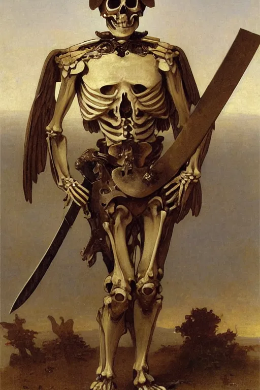 Image similar to portrait of a skeleton soldiers in the middle world, wearing helmets with wings, wearing european style armor, holding a sword in both hands, symmetrical, solemn, sacred, aura, by bouguereau