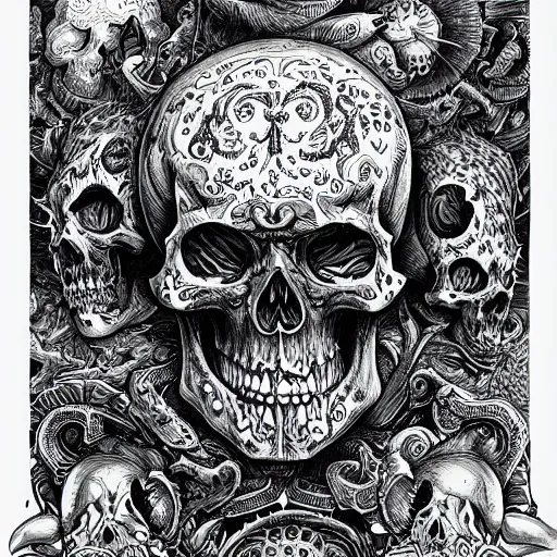 Image similar to Joe Fenton drawing of Psychedelic Skulls, medieval town, skulls, drawn by Joe Fenton, trending on artstation