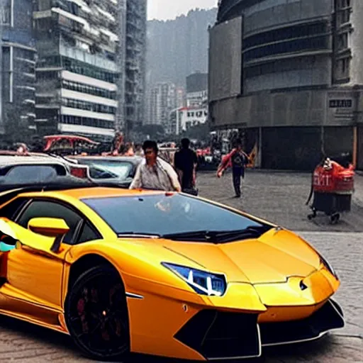 Image similar to a Lamborghini Aventador parked on a busy street in Chongqing China