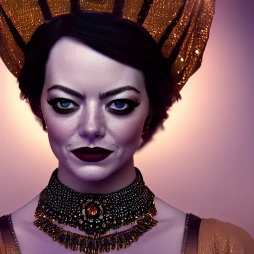Image similar to a close up portrait of emma stone, she is dressed as a belly dancer,, arabian night, in focus sharp face with fine details, wearing black gloves, volumetric lightening, octane render, high quality, fully detailed, 4 k, alphonse mucha, masterpiece, stunning