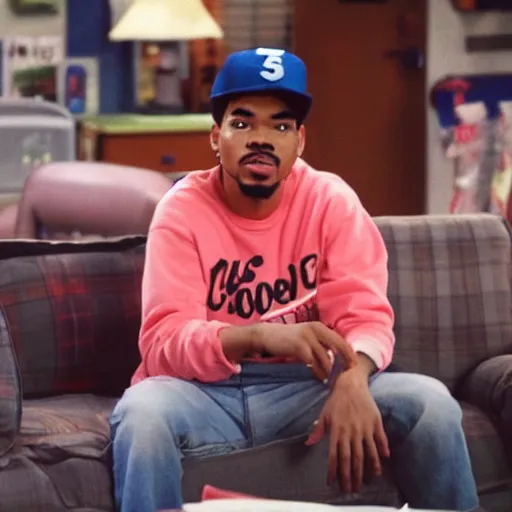 Image similar to a tv still of Chance The Rapper starring as a college student in a 1998 sitcom, 40mm lens