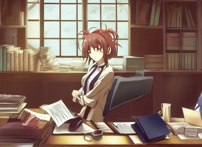 Prompt: secretary doing paperwork in her office, anime fantasy illustration by tomoyuki yamasaki, kyoto studio, madhouse, ufotable, trending on artstation