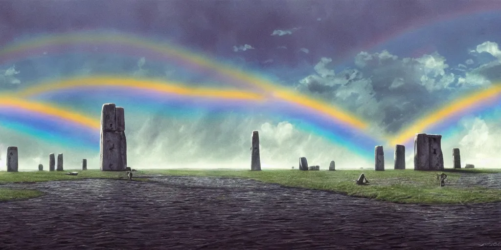 Image similar to a realistic cell - shaded concept art from howl's moving castle ( 2 0 0 4 ) of a rainbow colored cube from close encounters of the third kind ( 1 9 7 7 ) flying over a flooded stonehenge. it is a misty starry night. very dull colors, hd, 4 k, hq