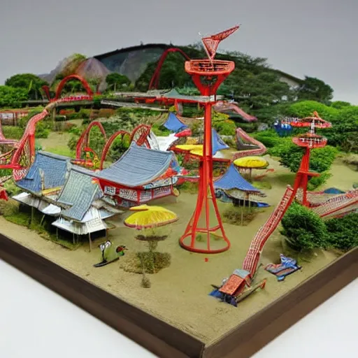 Image similar to a miniature diorama model of a Japanese theme park