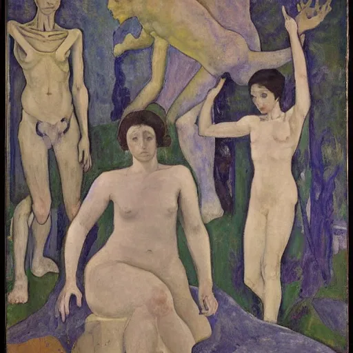 Prompt: deep depth of field, neo - classical by ferdinand hodler, by marie laurencin weary. in the center of the print is a large gateway that seems to lead into abyss of darkness. on either side of the gateway are two figures, one a demon - like creature, the other a skeletal figure.
