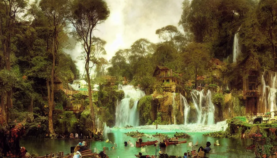 Image similar to a small village by a lake, waterfalls, cascades, very detailed, by john berkey, albert bierstadt, ruan jia, lawrence alma tadema, zdzislaw beksinski, carl spitzweg, everett raymond kinstler, norman rockwell, jack kirby, tom lovell, greg staples