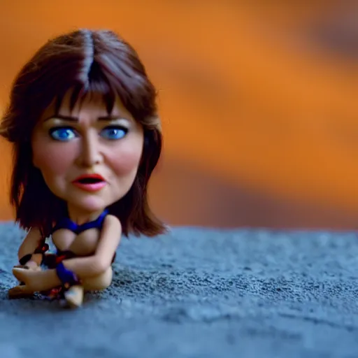 Image similar to a cinematic film still of a claymation stop motion film starring young lucy lawless as xena warrior princess, brunette hair, shallow depth of field, 8 0 mm, f 1. 8